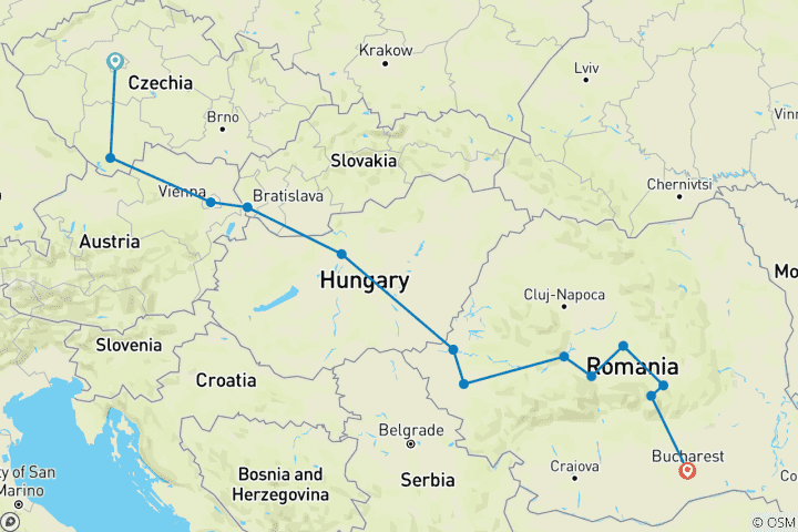 Carte du circuit 9 jours de voyage en Europe centrale et orientale de Prague à Bucarest - Circuit en petit groupe