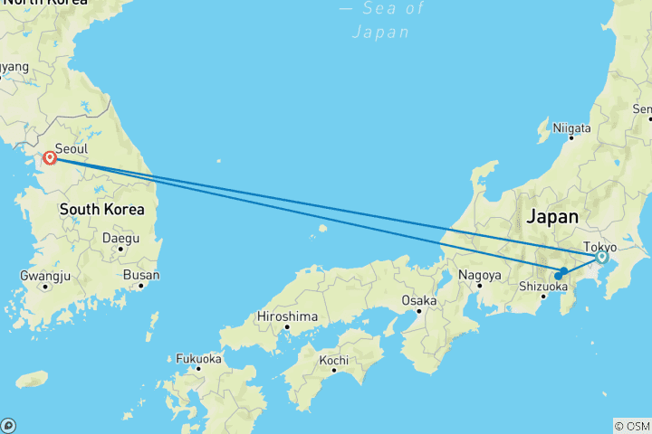 Kaart van 10 Dagen Een reis door de levendige popculturen van Japan en Korea (privégids & chauffeur)