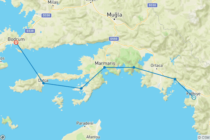 Mapa de Crucero Azul Premium de ida de Fethiye a Bodrum