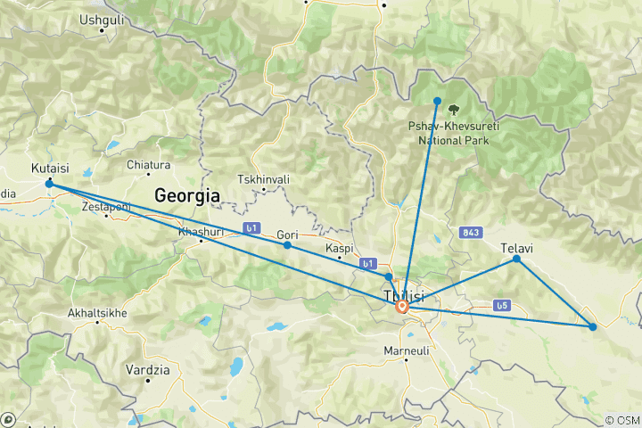 Carte du circuit Circuit personnalisé de 8 jours en Géorgie pour les familles, départs quotidiens (guide chauffeur privé et voiture)