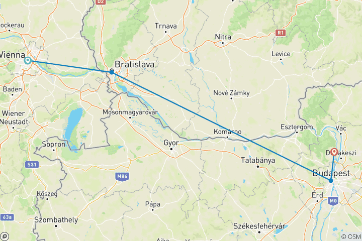 Map of 4 Day Short Trip through Central Europe from Vienna to Budapest- Small Group Tour