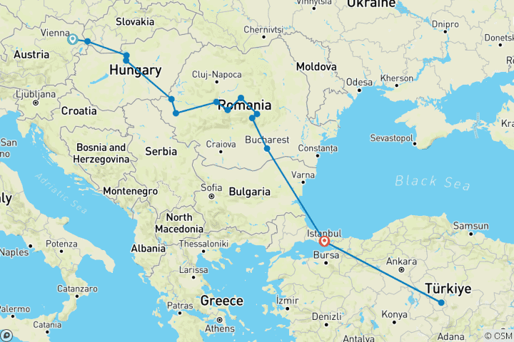 Mapa de Gran Tour de 12 Días por Europa Central y Turquía: De las Capitales Imperiales a las Maravillas de Oriente De Viena a Estambul 3 Vuelos incluidos - Viaje en grupo reducido