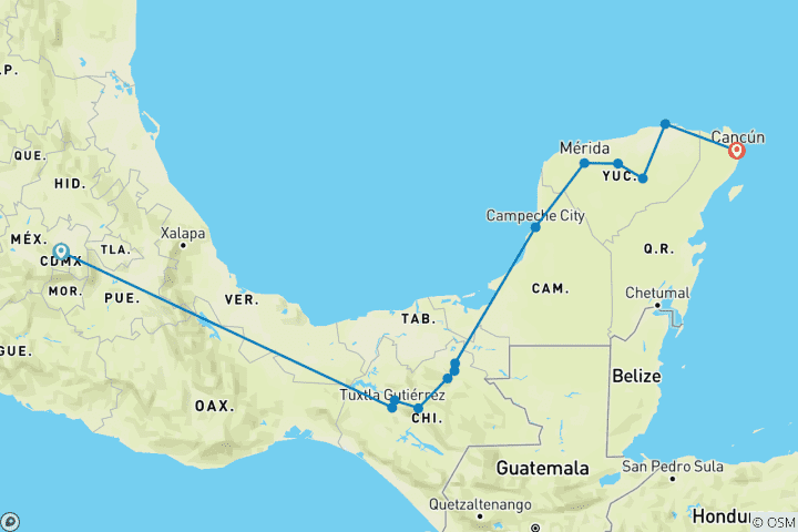 Carte du circuit Patrimoine et aventure mexicains (13 destinations)