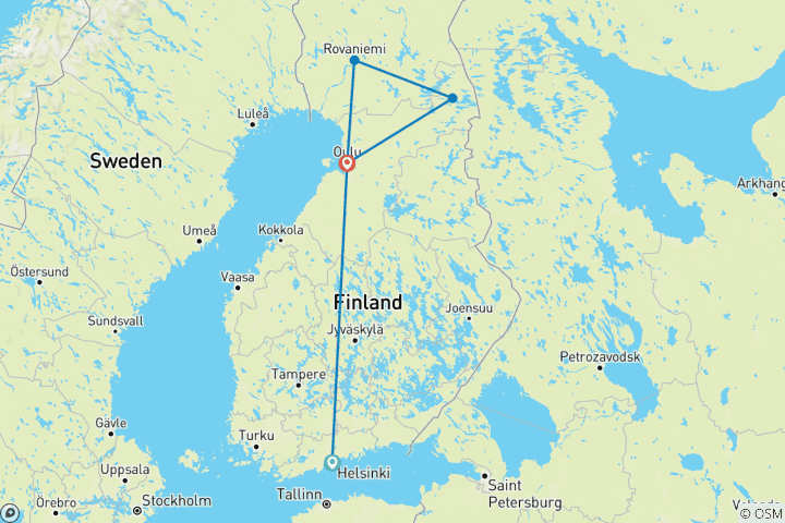 Carte du circuit Roadtrip en Finlande : vers une aurore boréale dans une villa en verre