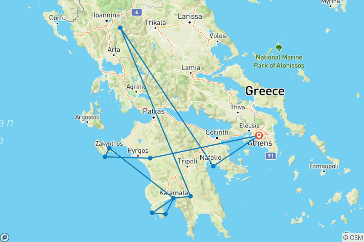 Mapa de Viaje por carretera en Grecia: el Peloponeso se encuentra con Zante (including Mystras)