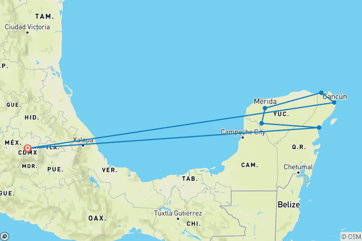 Mapa de Aventura en México: misticismo maya y magia caribeña Holbox (7 destinations)