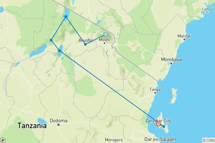 Map of Tanzania & Zanzibar: Glamping among the Big Five (from Kilimanjaro to Zanzibar City) (from Mount Kilimanjaro to Zanzibar)
