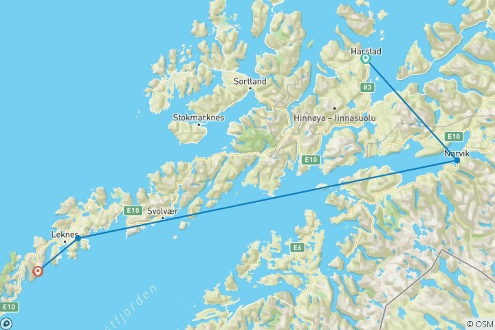 Carte du circuit Aventure hivernale dans les Lofoten : La magie des aurores boréales et les maisons sur pilotis (from Harstad to Nusfjord)