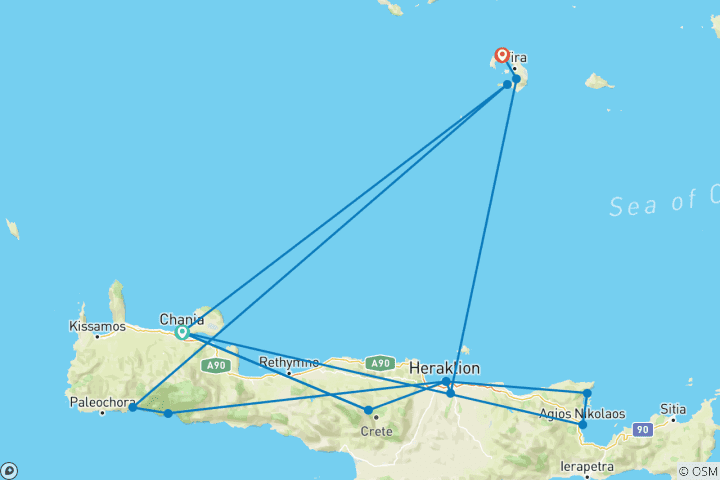 Map of Island hopping Crete & Santorini: From hidden places to white villages (from Chania to Oia) (from Chania to Oia)