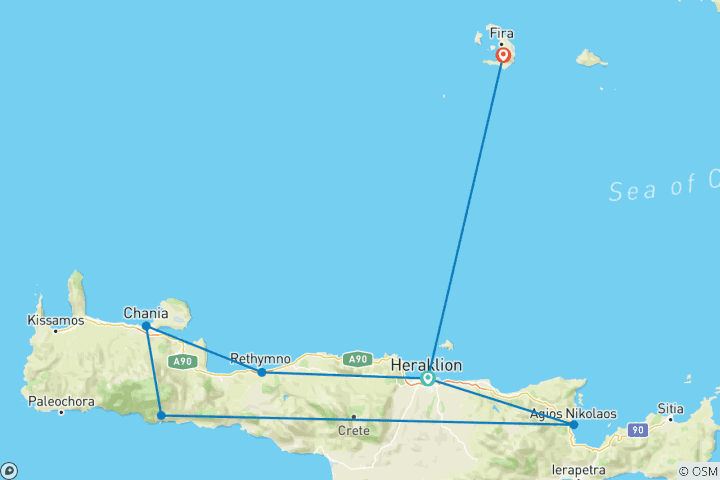 Map of Island hopping Crete & Santorini: From hidden places to white villages (from Chania to Oia) (7 destinations)