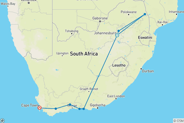 Map of South Africa Road Trip: Adventure Between Kruger, Cape & Coast (30 destinations)