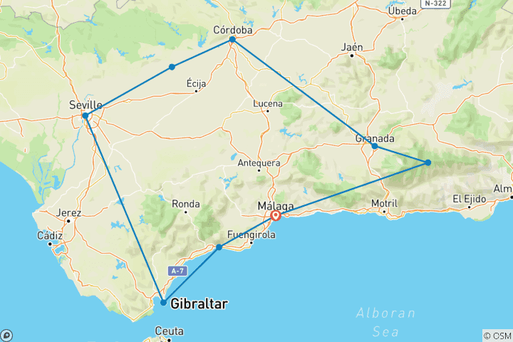 Mapa de Viaje por carretera a Andalucía: Senderos Salvajes y Playas Doradas (27 destinations)