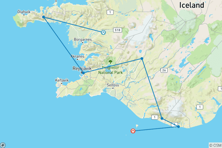 Carte du circuit Hidden Iceland : road trip dans les îles de Vestmannaeyjar (from Reykholt to Vestmannaeyjar)