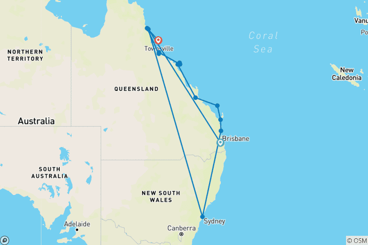 Carte du circuit Australian Vanlife : East Coast & Sunkissed Wonders ! (from Brisbane to Grande Barrière de Corail)