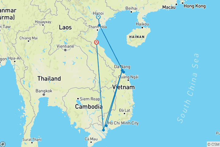 Carte du circuit La liste des choses à faire au Vietnam : Baie d'Halong, Lantern City & Delta du Mékong (from Hanoi to Vinh)