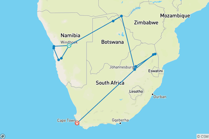 Carte du circuit Tout autour de l'Afrique : Rêves de désert & merveilles de safari