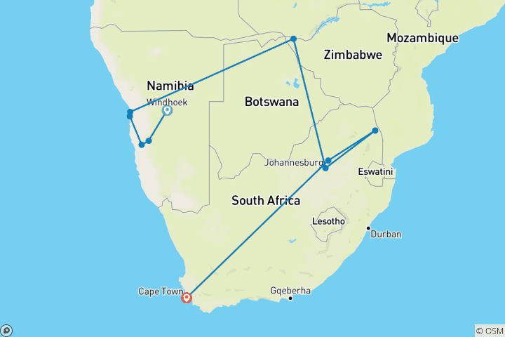 Carte du circuit Great African Roadtrip : Rêves de désert et merveilles de safari