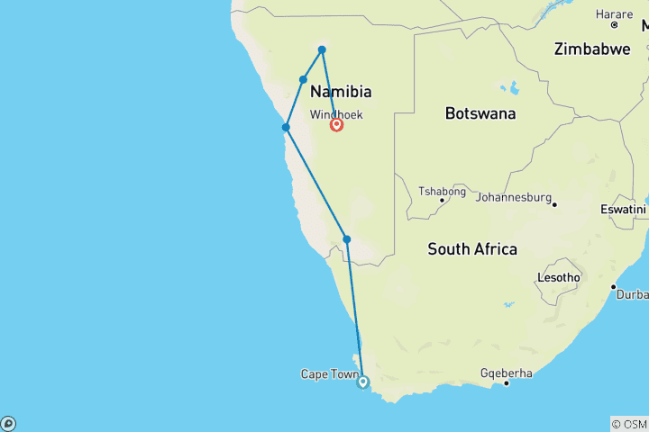 Carte du circuit Afrique du Sud et Namibie : Roadtrip Aventure en Rooftop Tent (6 destinations)