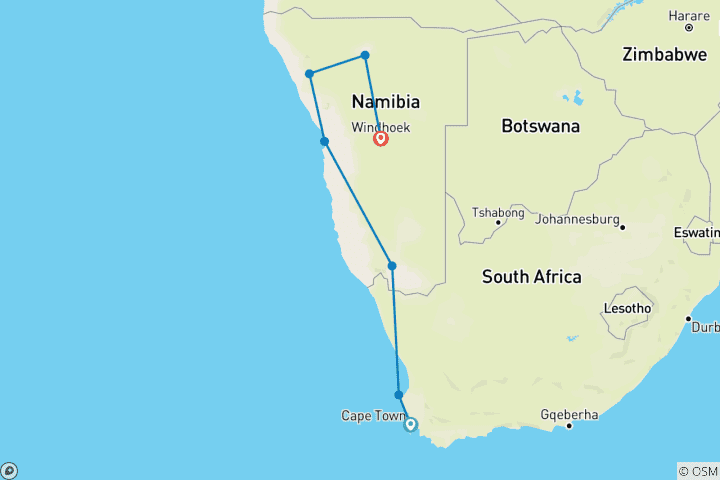 Map of South Africa & Namibia: Desert Road Trip to the Big Five (14 destinations)