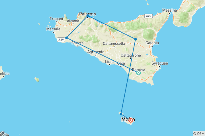 Carte du circuit Aventure en Sicile et à Malte : un safari dans les îles de la Méditerranée (from Ragusa to La Valette)