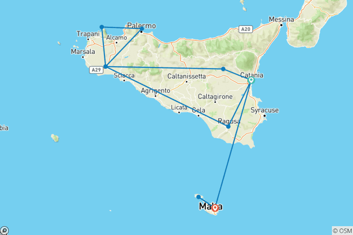 Carte du circuit Aventure en Sicile et à Malte : un safari dans les îles de la Méditerranée