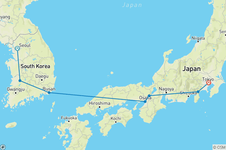 Carte du circuit Corée du Sud & Japon en train : Cityhopping au Mont Fuji (14 destinations)