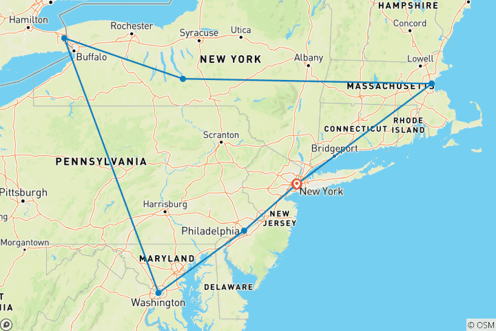 Map of USA Road Trip: From the Big Apple to Niagara Falls (including Niagara Falls)
