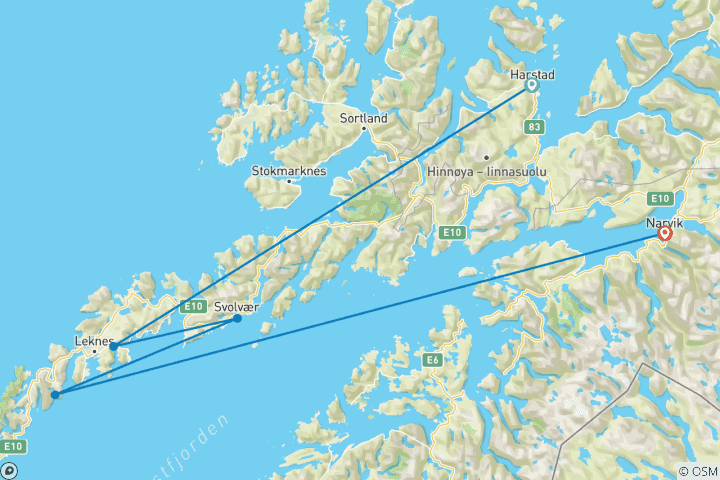 Carte du circuit Aventure hivernale dans les Lofoten : La magie des aurores boréales et les maisons sur pilotis (5 destinations)