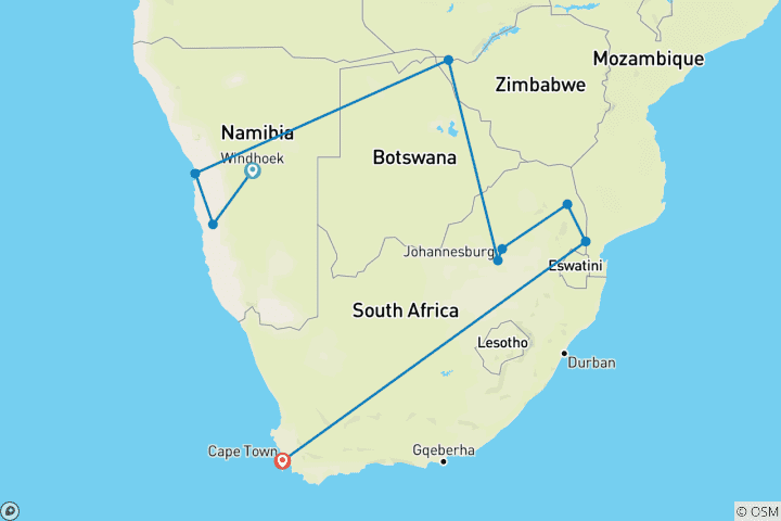 Carte du circuit Great African Roadtrip : Rêves de désert et merveilles de safari (18 destinations)