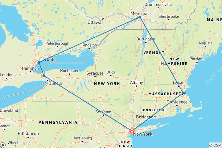 Carte du circuit États-Unis et Canada : le road trip de la côte Est rencontre les chutes du Niagara (6 destinations)