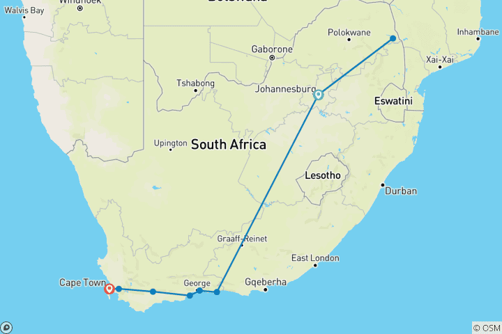Carte du circuit Roadtrip en Afrique du Sud : le Kruger Safari rencontre la Garden Route