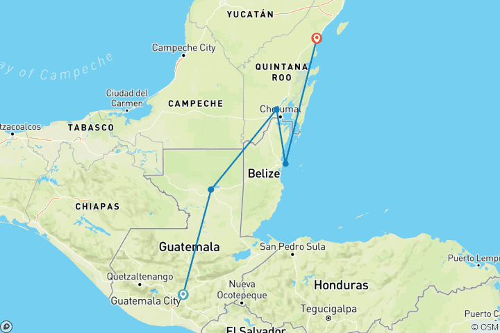 Carte du circuit Guatemala, Belize & Mexique : Jungle Adventure vers les lagons bleus (from Guatemala to Tulum)