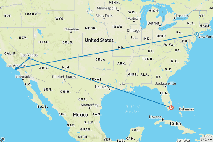 Carte du circuit USA Cityhopping : Big Apple, Bright Lights & Beach Nights