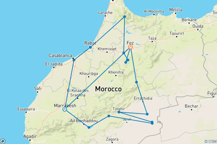 Kaart van Privé 8-daagse rondreis Marokko van Marrakech via Sahara-woestijn, Fes, Chefchaouen