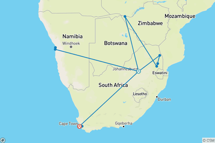 Map of 12 Days Wonders of Africa: Johannesburg, Walvis Bay, Victoria Falls, Cape Town, and Kruger National Park
