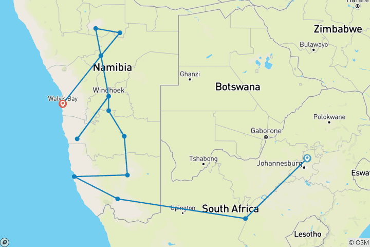 Carte du circuit Rovos Rail - La fierté de l'Afrique (from Pretoria to Walvis Bay)