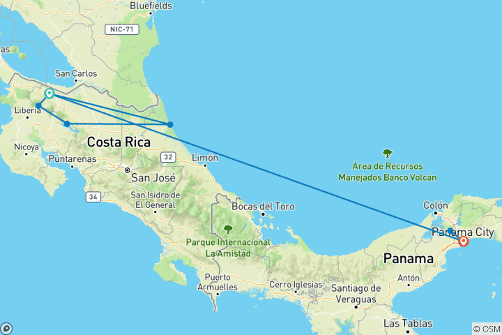 Mapa de Viaje de ida y vuelta Costa Rica y Panamá