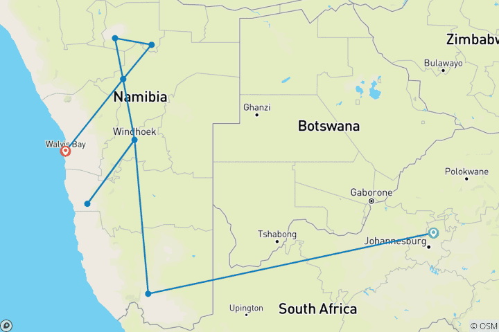 Map of Rovos Rail - The Pride of Africa (from Pretoria to Walvis Bay)