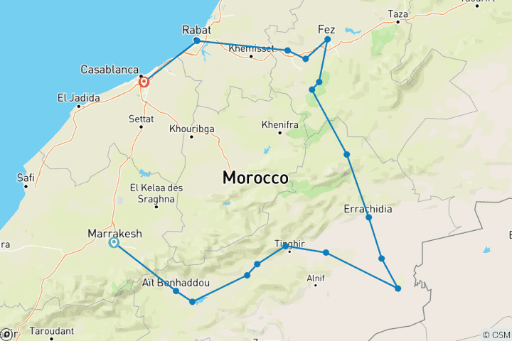 Karte von Marrakesch nach Casablanca über Sahara, Fes & Rabat - 5 Tage Privatreise