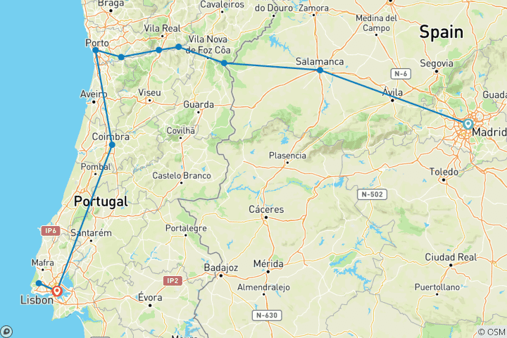 Karte von Douro Genüsse mit Madrid und Lissabon Madrid → Lissabon (2026) (11 Destinationen)