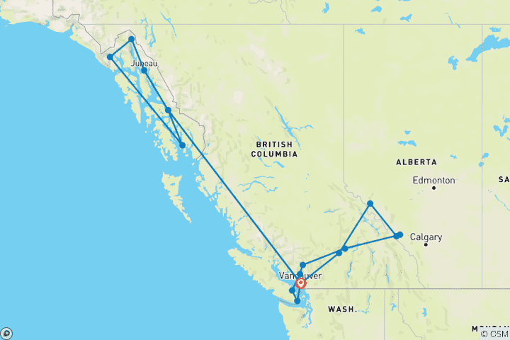 Map of Iconic Rockies and Western Canada (With 7 Days Cruise, Rocky Mountaineer GoldLeaf, Verandah Cabin)