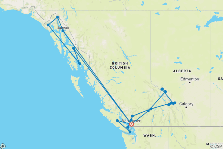 Map of Iconic Rockies and Western Canada (With 7 Days Cruise, Rocky Mountaineer GoldLeaf, Inside Cabin)