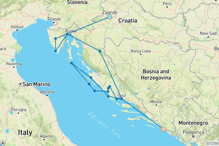 Karte von Kroatien und die dalmatinische Küste (Kleingruppenreise, Unterdeck-Kreuzfahrt