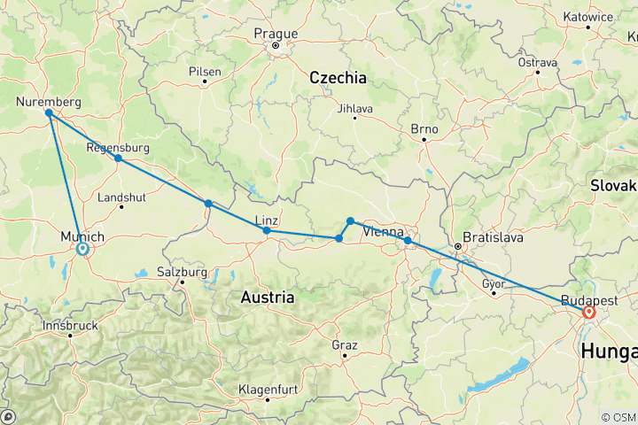 Carte du circuit Marchés de Noël sur le Danube Nuremberg → Budapest (2026)