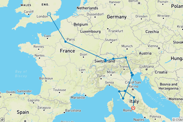 Carte du circuit Route vers Rome (petits groupes, été, départ de Londres, 13 jours)