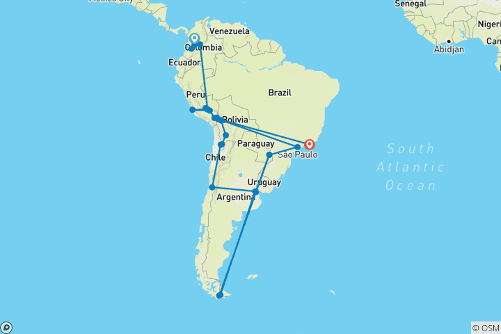Carte du circuit L'essentiel de la Colombie au Pérou et au Brésil - 33 jours