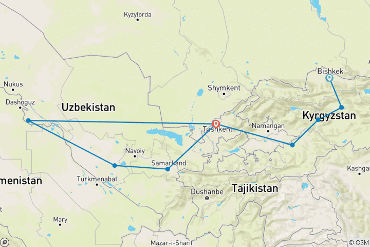 Carte du circuit L'aventure de Mandy au Kirghizistan et en Ouzbékistan