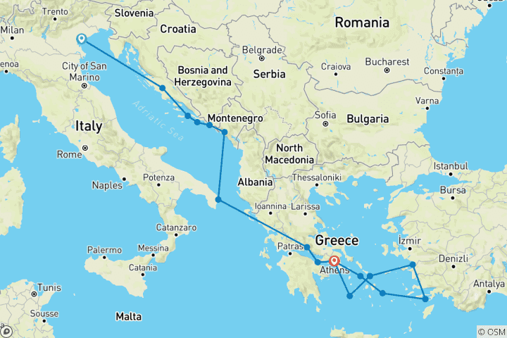 Carte du circuit Plaisirs de l'Adriatique et de la mer Égée Athènes → Venise (2025) (from Venise to Athènes)