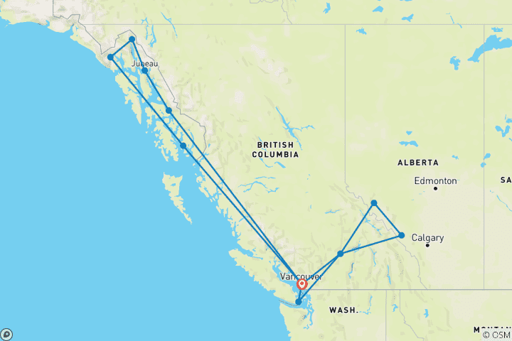 Map of Spectacular Canadian Rockies (Inside Cruise, 17 Days) (13 destinations)