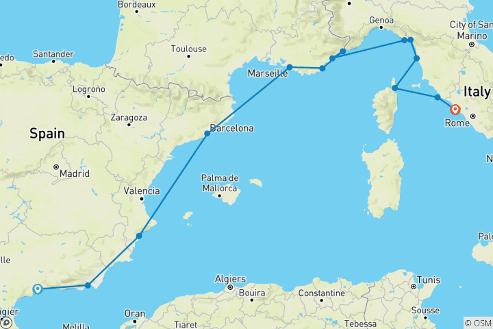 Karte von Mittelmeer-Odyssee: Spanien, Italien und die Côte d'Azur